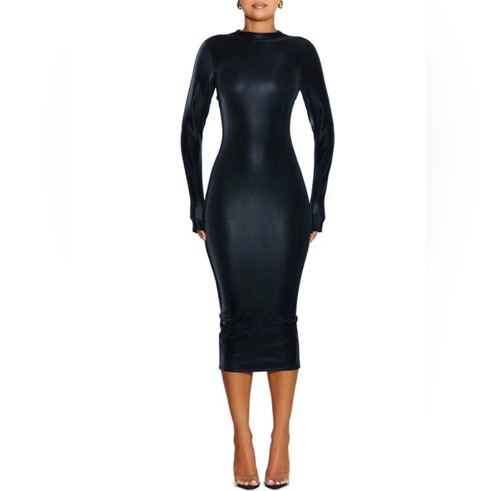 Naked Wardrobe Liquid Faux Suede Long Sleeve Midi Dress